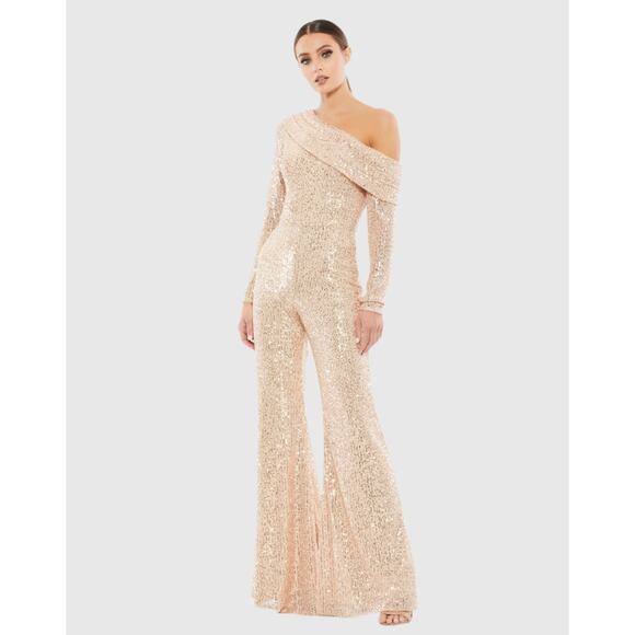 NWT Mac Duggal Sz 0 Rose Gold Sequined Drop Shoulder Long Sleeve Jumpsuit